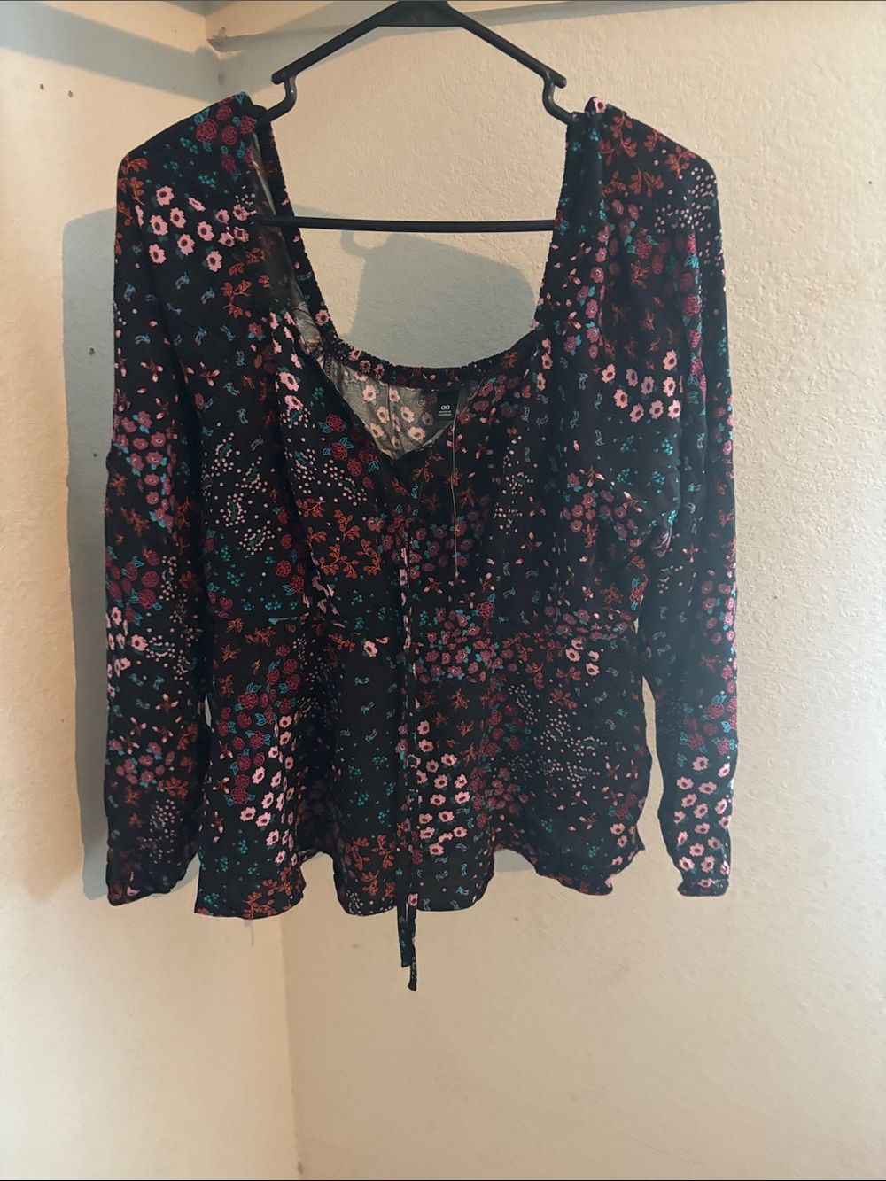 torrid Black Floral Scoop-Neck Blouse with Pink & Teal Flowers